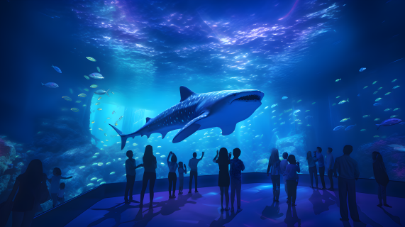 巨型水族馆中观看鲸鲨的人群摄影图片