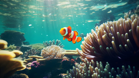 海底海洋生物小丑鱼和珊瑚摄影图