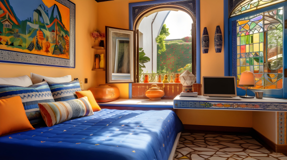 橘蓝卧室的摄影图片