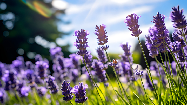 紫丁香与绿草蓝天花园摄影图版权图片下载