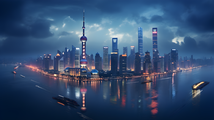 暮色中的上海城市景观摄影版权图片下载