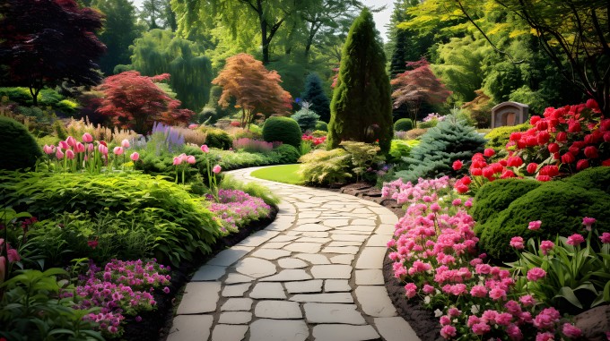 缤纷曲线，石质人行道上的花园景观摄影图