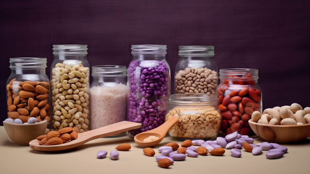 紫褐色光点乌木盒中各种坚果与食物的摄影图片