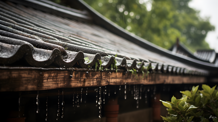 中国村落中的雨滴从屋顶上落下的摄影图版权图片下载