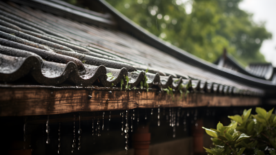 中国村落中的雨滴从屋顶上落下的摄影图