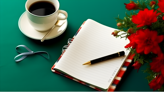 桌上的日记本和花朵配以咖啡杯摄影图片