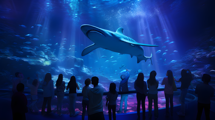巨型水族馆中观看鲸鲨的人群摄影版权图片下载