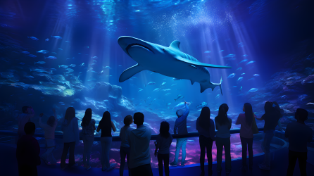 巨型水族馆中观看鲸鲨的人群摄影图片