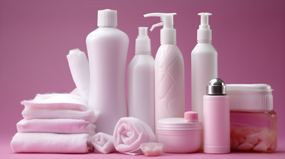 粉红玛瑙式面霜与肥皂塑料瓶摄影图片