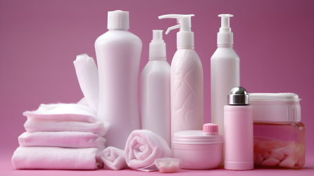 粉红玛瑙式面霜与肥皂塑料瓶摄影图片