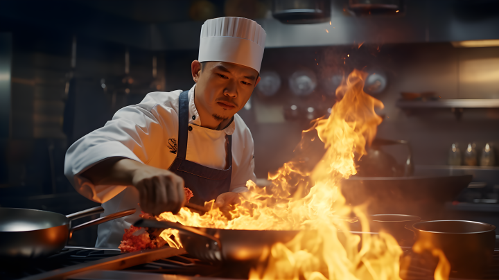 厨师在厨房烹饪开放火焰内部景色摄影图版权图片下载