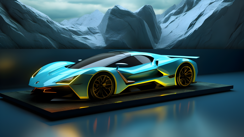 夏日黄墙中的绿色蓝色跑车摄影图版权图片下载