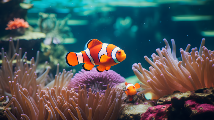 小丑鱼粉蓝色风格的珊瑚礁在水族馆中展示的摄影版权图片下载