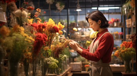 亚洲女孩在花店购买鲜花的摄影图片
