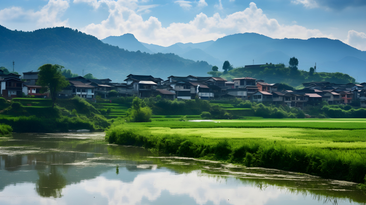 绿色中国农村风情河畔版权图片下载