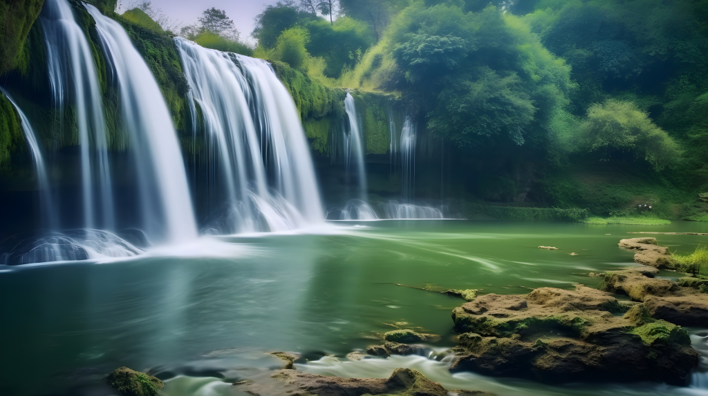 青绿森林下的自然瀑布摄影版权图片下载