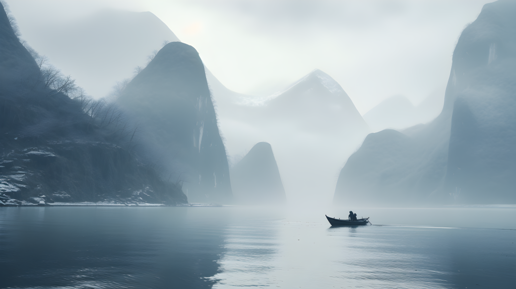 雾湖石山漂浮的男子船高清图