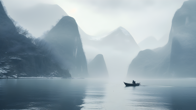 雾湖石山漂浮的男子船高清图