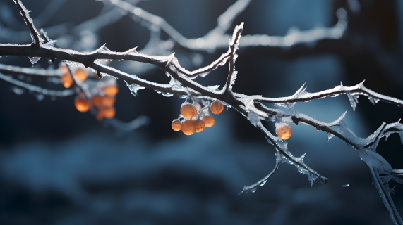 冬日夜景背景上的结霜树枝摄影图