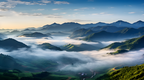 晨曦中的山谷与雾摄影图