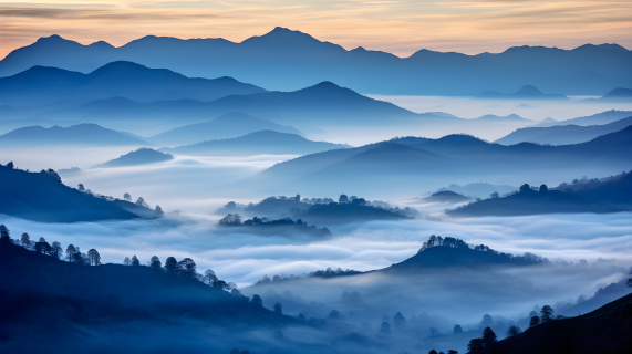 日出时的山谷与雾景摄影图