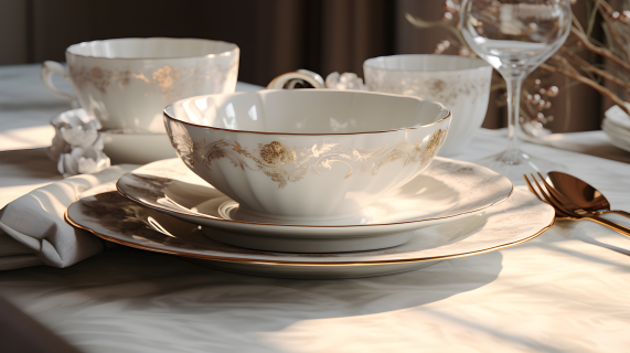 陶瓷系列浅米色与银色的餐具套装摄影图片