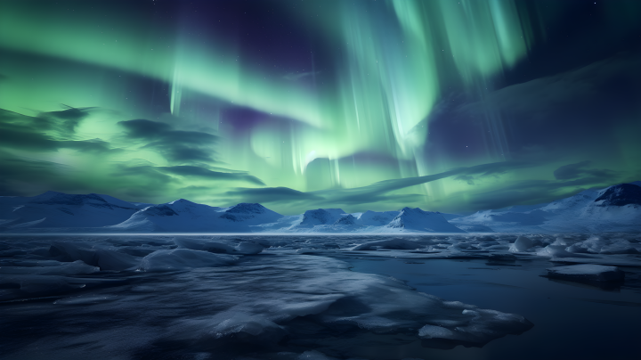 冰岛天空上的雪地极光摄影版权图片下载