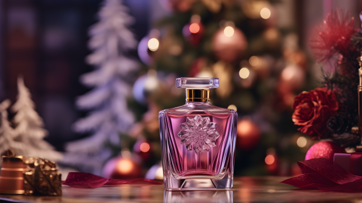 圣诞树与香水瓶的流光对比摄影版权图片下载
