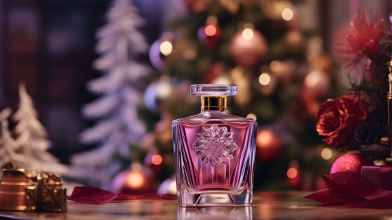 圣诞树与香水瓶的流光对比摄影图片