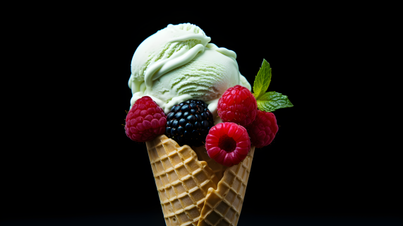 红覆盆子上的清淡黄色和青绿色风格的冰淇淋锥摄影图