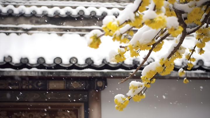 古建筑挂梅雪摄影图版权图片下载