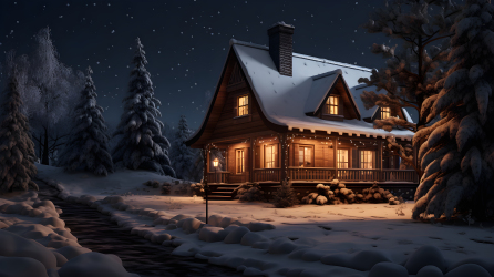 夜晚雪中的幽暗房屋摄影图片