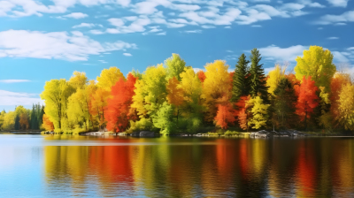 秋季红黄枫叶湖泊美景摄影图片