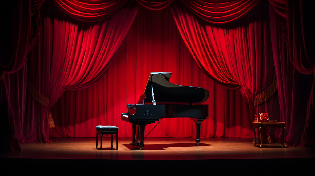 红幕前的钢琴舞台摄影图片
