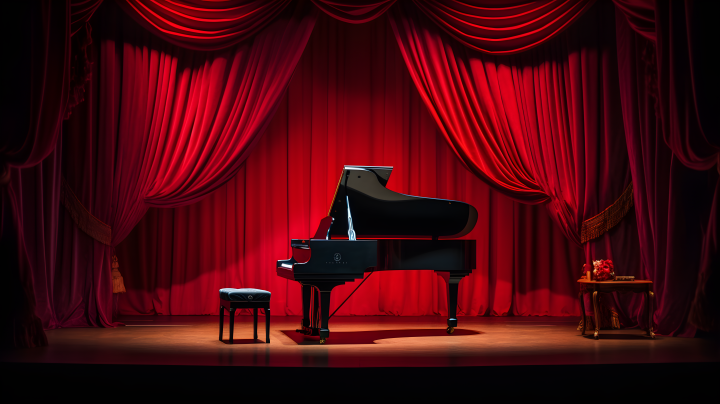 红幕前的钢琴舞台摄影版权图片下载