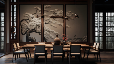 现代木质餐厅中式画作摄影图片