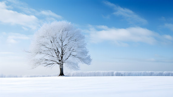 晴朗天空唯美大树雪景摄影图
