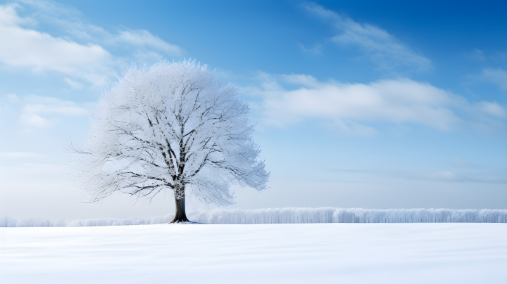 晴朗天空唯美大树雪景摄影图版权图片下载