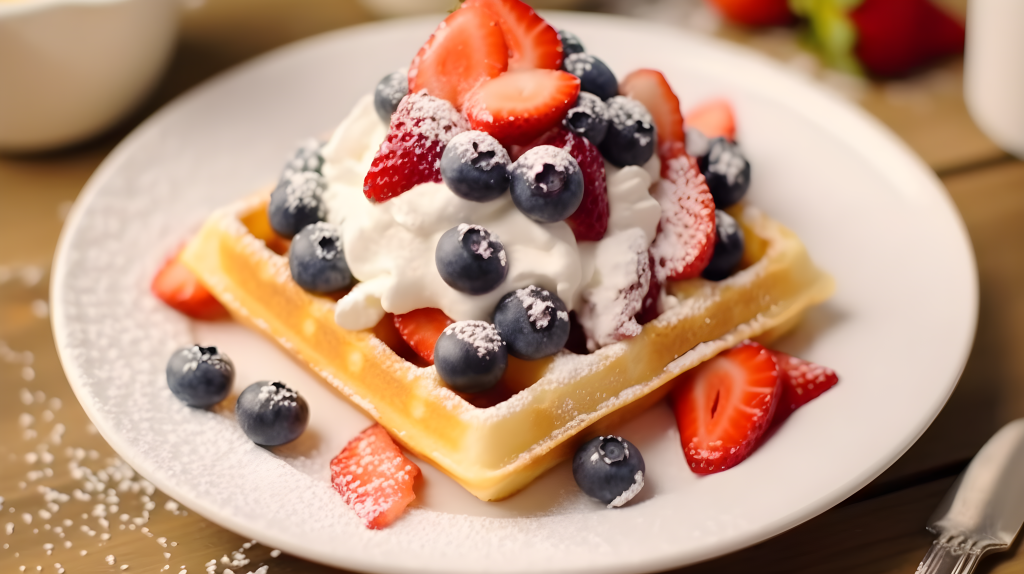 水果装饰的华夫饼配奶油摄影图片