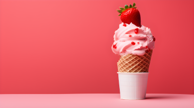红色背景上草莓冰淇淋顶端圆锥形摄影图片