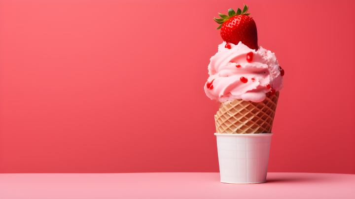 红色背景上草莓冰淇淋顶端圆锥形摄影版权图片下载