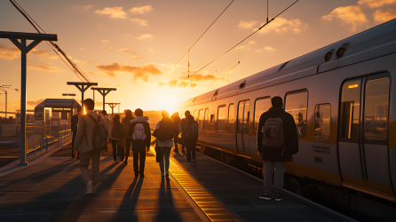 夕阳下的火车站乘客摄影图