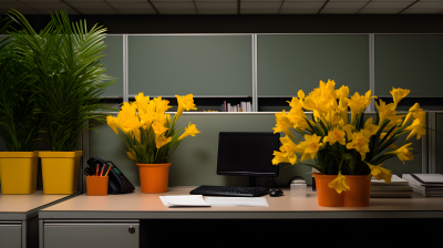 阳光黄色花朵办公室摄影图片