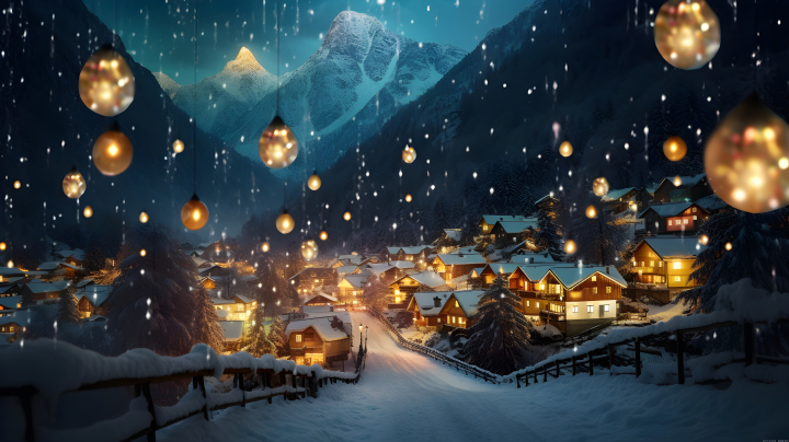 雪景中的圣诞灯摄影版权图片下载