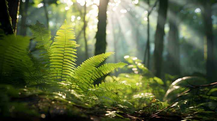 翠绿丛林中的阳光透过蕨类植物的摄影版权图片下载