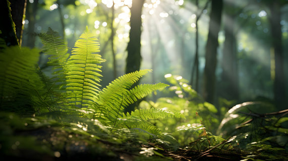 翠绿丛林中的阳光透过蕨类植物的摄影图片