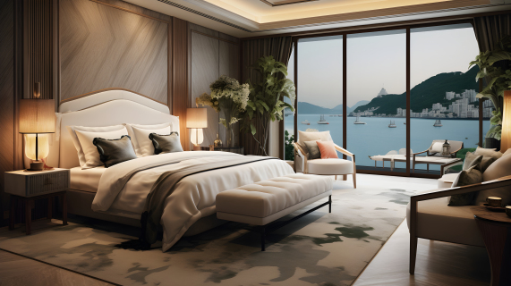 香港沿海港口景色的卧室设计摄影图片