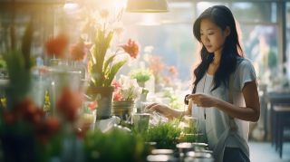 长发女孩在花店购买鲜花的摄影图片