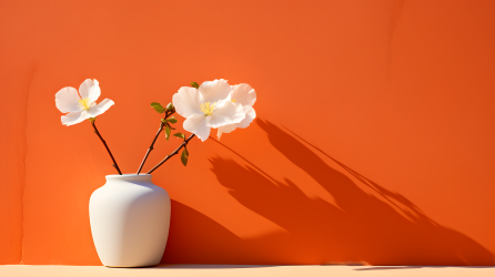 白花盛开于橙色墙壁上的枝干的风格摄影图