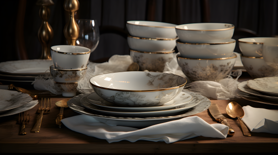 陶瓷系列浅米色与银色交错的餐具摄影图片